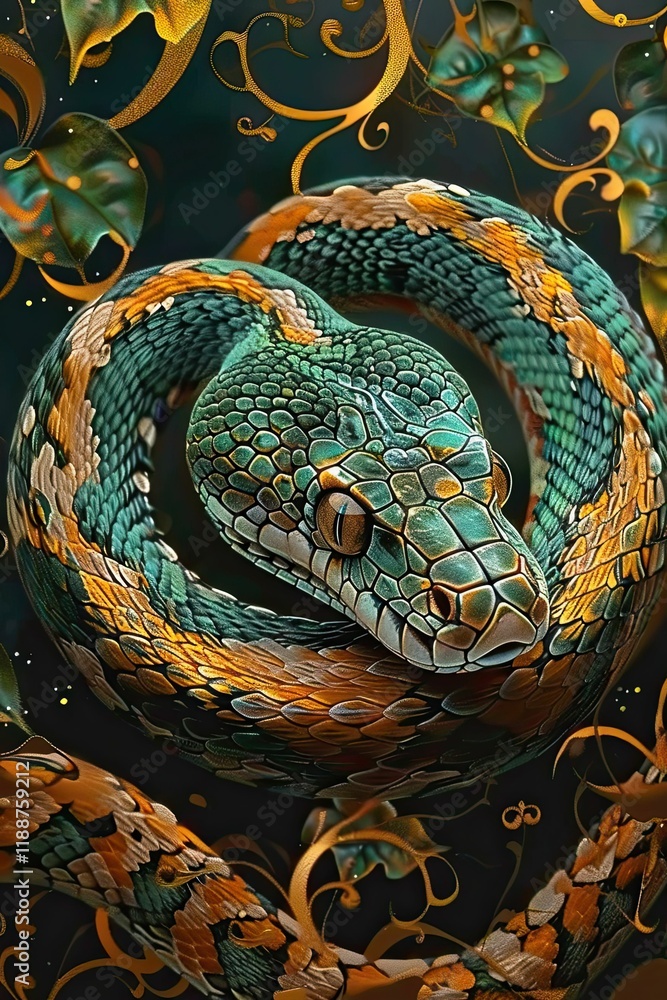 Fototapeta premium Amidst a vibrant and lush natural backdrop, a beautifully intricate snake can be seen. Its scales, adorned with a captivating blend of green and orange patterns, seamlessly integrate