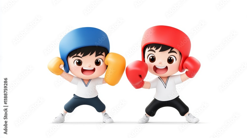 Two Cheerful Cartoon Boys in Boxing Gear with Bright Helmets and Gloves, Expressing Excitement, Playfulness, and Team Spirit in a Fun Sports Illustration Two Cheerful Cartoon Boys in Boxing Gear with Bright Helmets and Gloves, Expressing Excitement, Playfulness, and Team Spirit in a Fun Sports Illustration
