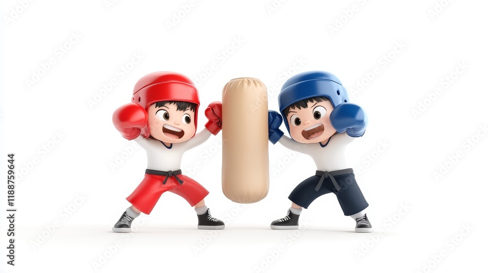 Two cartoon children engaging in a playful boxing match with a training bag, wearing bright colored gloves and helmets, showcasing fun and energy in a vibrant setting Two cartoon children engaging in a playful boxing match with a training bag, wearing bright colored gloves and helmets, showcasing fun and energy in a vibrant setting