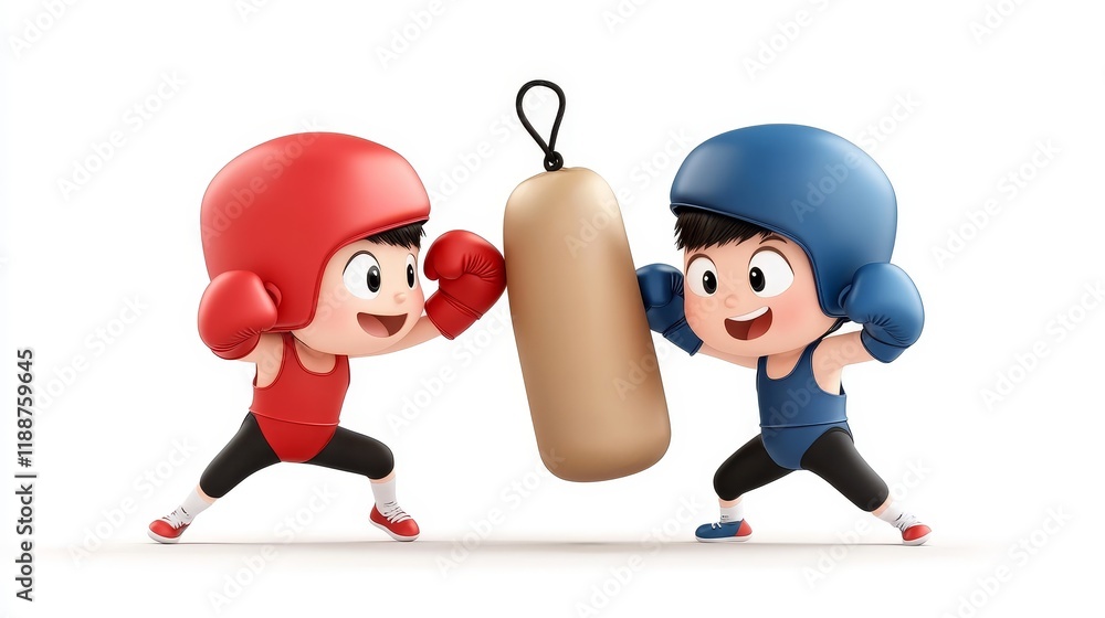 Cheerful Cartoon Boys Engaging in Playful Boxing Match with Punching Bag, Emphasizing Fun and Friendship in an Animated Sports Setting Cheerful Cartoon Boys Engaging in Playful Boxing Match with Punching Bag, Emphasizing Fun and Friendship in an Animated Sports Setting
