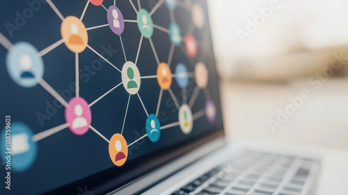 Rank coordinator network concept, social media network diagram displayed on laptop screen, showcasing connections