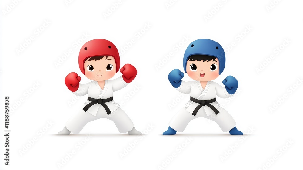 Cute Cartoon Characters in Karate Uniforms with Red and Blue Helmets, Ready for Action with Punching Stances and Big Smiles, Ideal for Children's Sports and Martial Arts Themes Cute Cartoon Characters in Karate Uniforms with Red and Blue Helmets, Ready for Action with Punching Stances and Big Smiles, Ideal for Children's Sports and Martial Arts Themes