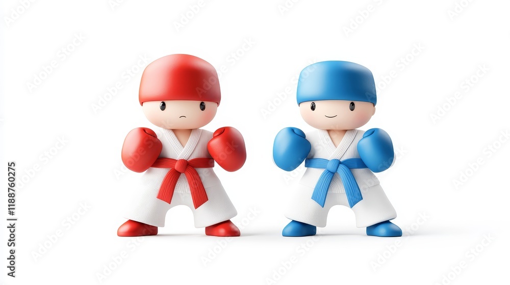 Cute cartoon characters in karate uniforms, one in red and one in blue, showcasing a friendly match, ideal for sports themes, children’s activities, and martial arts illustrations Cute cartoon characters in karate uniforms, one in red and one in blue, showcasing a friendly match, ideal for sports themes, children’s activities, and martial arts illustrations