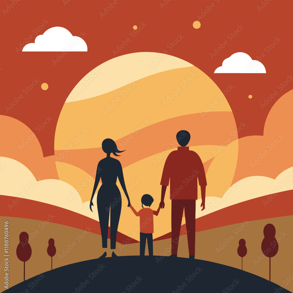 Silhouette of a family enjoying a scenic sunset view Silhouette of a family enjoying a scenic sunset view