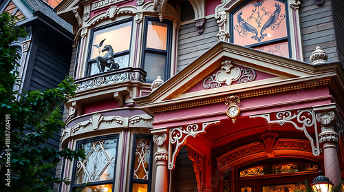 Victorian House Exterior: Ornate Facade, Detailed Architecture, Elegant Design. Discover the beauty of classic architecture in this stunning image of a Victorian-style home. photo