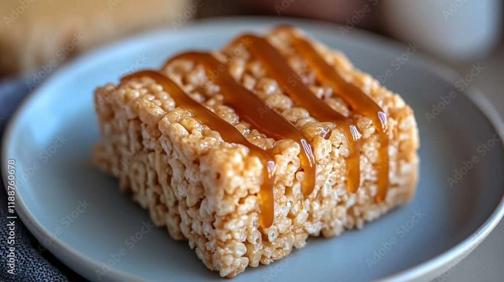 Rice crispy treat dessert with caramel drizzle on plate perfect for snack indulgence Rice crispy treat dessert with caramel drizzle on plate perfect for snack indulgence