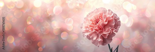 Pink carnation flower on light grey background. Minimalist retro style backdrop in banner- panorama format. Blurry romantic Bokeh lights. MZ