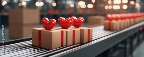 A conveyor belt carries gift boxes adorned with red hearts, symbolizing love and care, in a warm, brightly lit environment.