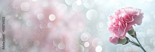 Pink carnation flower on light grey background. Minimalist retro style backdrop in banner- panorama format. Blurry romantic Bokeh lights. MZ