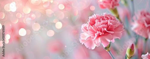 Pink carnation flower on light grey background. Minimalist retro style backdrop in banner- panorama format. Blurry romantic Bokeh lights. MZ