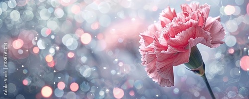 Pink carnation flower on light grey background. Minimalist retro style backdrop in banner- panorama format. Blurry romantic Bokeh lights. MZ