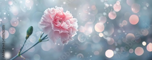 Pink carnation flower on light grey background. Minimalist retro style backdrop in banner- panorama format. Blurry romantic Bokeh lights. MZ