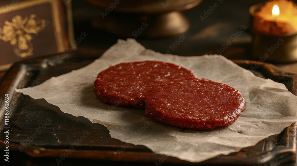 Raw Meat Patties on Wood Tray with Candlelight Raw Meat Patties on Wood Tray with Candlelight