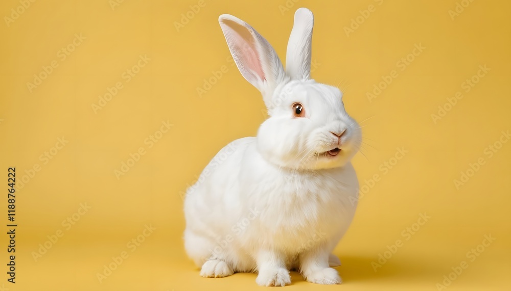 White easter bunny rabbit isolated on vibrant yellow background, adorable cute animal for april springtime traditional festive White easter bunny rabbit isolated on vibrant yellow background, adorable cute animal for april springtime traditional festive