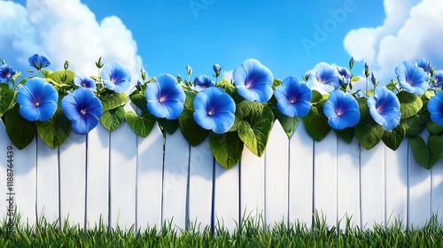 Blue Morning Glories Blooming Over White Picket Fence in Sunny Day