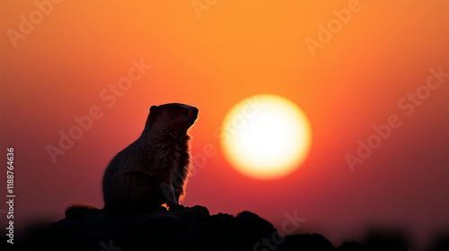A groundhog silhouette against a vibrant orange sunrise, standing on a hilltop, minimalistic.