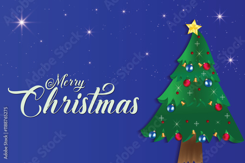 Merry Christmas banner with Christmas tree and night moon sky with snowfall view, Luxury glowing banner for Christmas holiday, vector art illustration