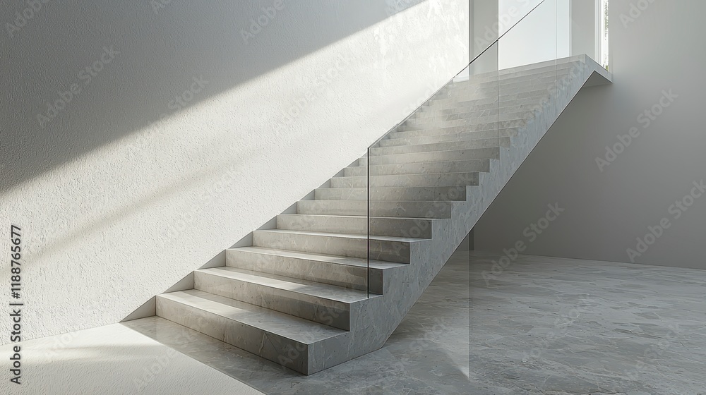 Fototapeta premium Modern concrete staircase with glass railing, sunlit.