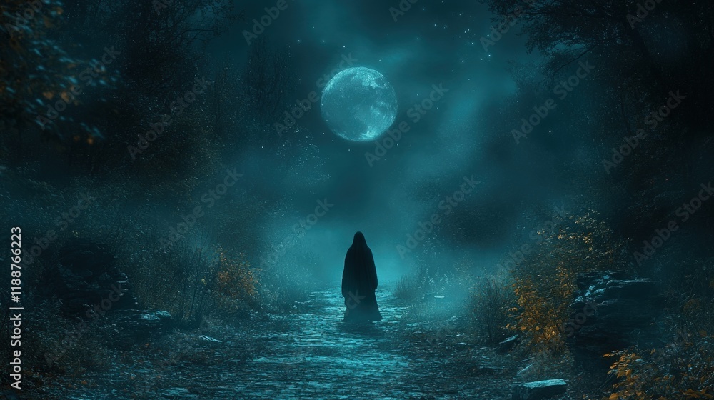 A hooded figure walks a misty path under a large moon at night in a dark forest. A hooded figure walks a misty path under a large moon at night in a dark forest.