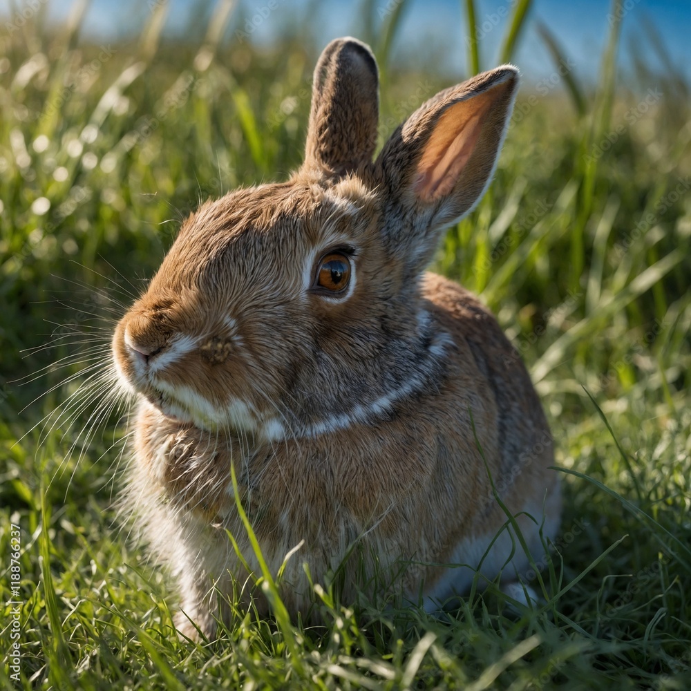 Fototapeta premium A wild rabbit camouflaged among tall grass.Snow Bunny at Rest.cute adorable forest rabbit.