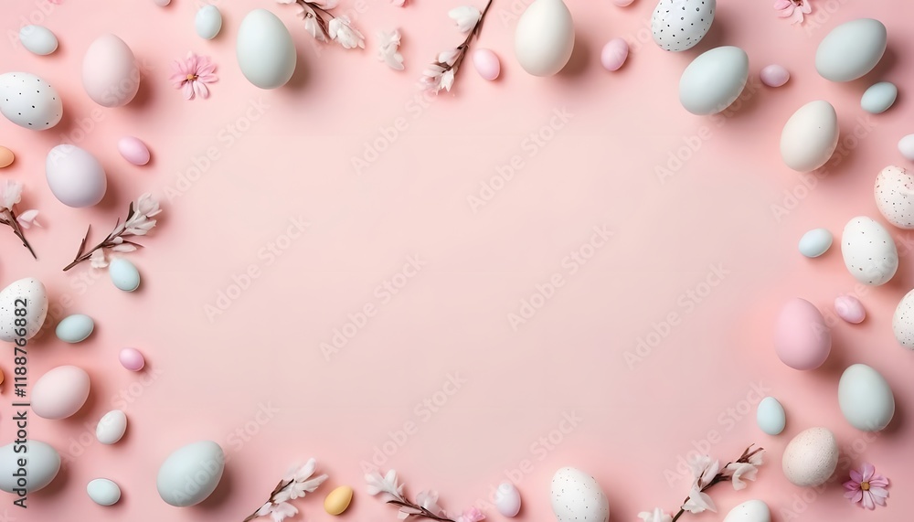 Colourful soft colour Easter eggs nest & flowers on pastel pink background, traditional festival spring holiday decoration, empty space, top view Colourful soft colour Easter eggs nest & flowers on pastel pink background, traditional festival spring holiday decoration, empty space, top view