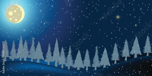 Beautiful night winter forest landscape. Snowy forest, trees, snowdrifts and an amazing clear night sky with stars and a full moon. Christmas on Christmas Eve, vector art illustration