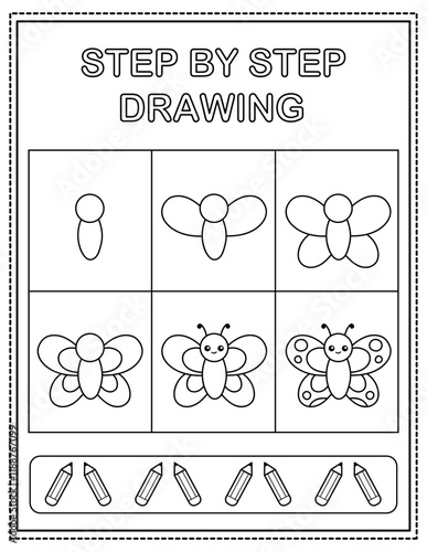 Cute butterfly. Book page, drawing step by step. Black and white vector coloring page.