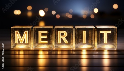 英単語のMERITが書かれたキューブブロック。aiで生成