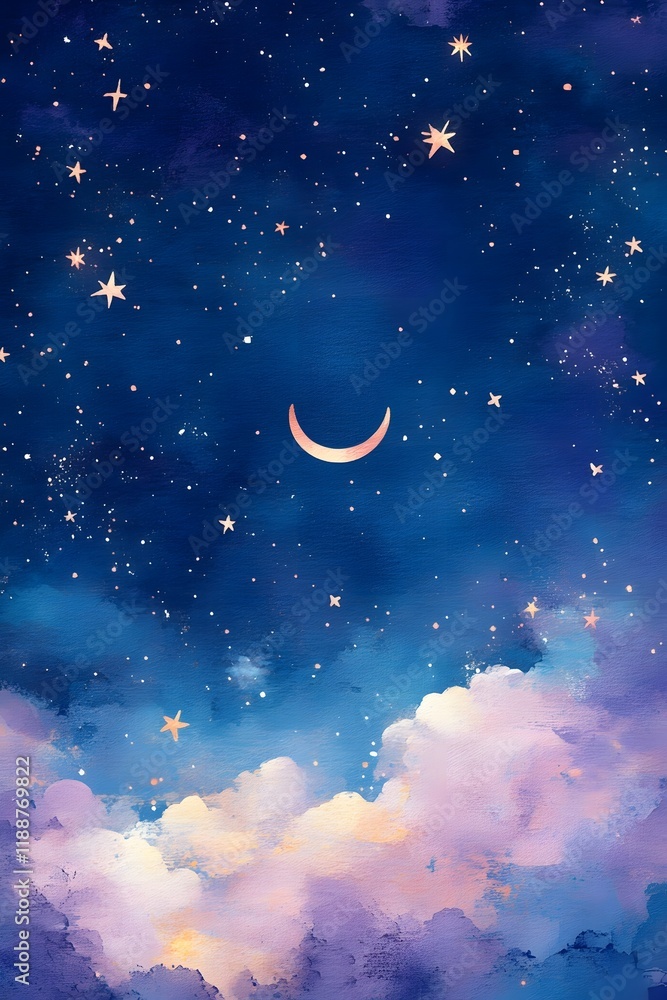 Vibrant Glowing Crescent Moon Floating in Pastel Cosmic Landscape with Starry Sky Vibrant Glowing Crescent Moon Floating in Pastel Cosmic Landscape with Starry Sky