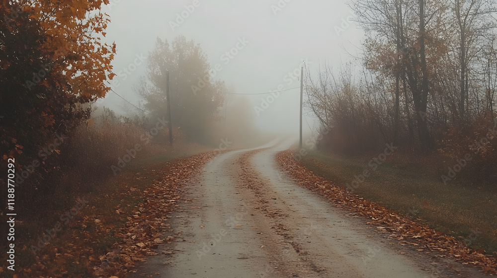 Obraz premium road disappearing into thick fog, surrounded by autumn leaves on the ground 