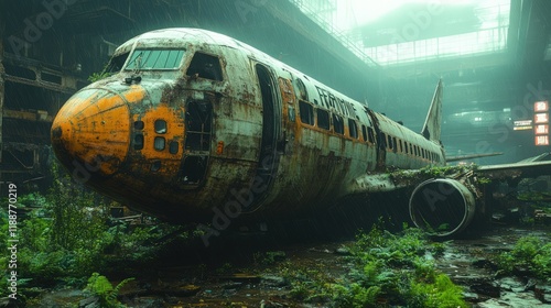 Wallpaper Mural Abandoned airplane rusting in overgrown hangar. Torontodigital.ca