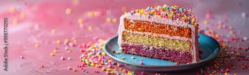 Slice of cake on a plate with sprinkles, food background, banner, copy space