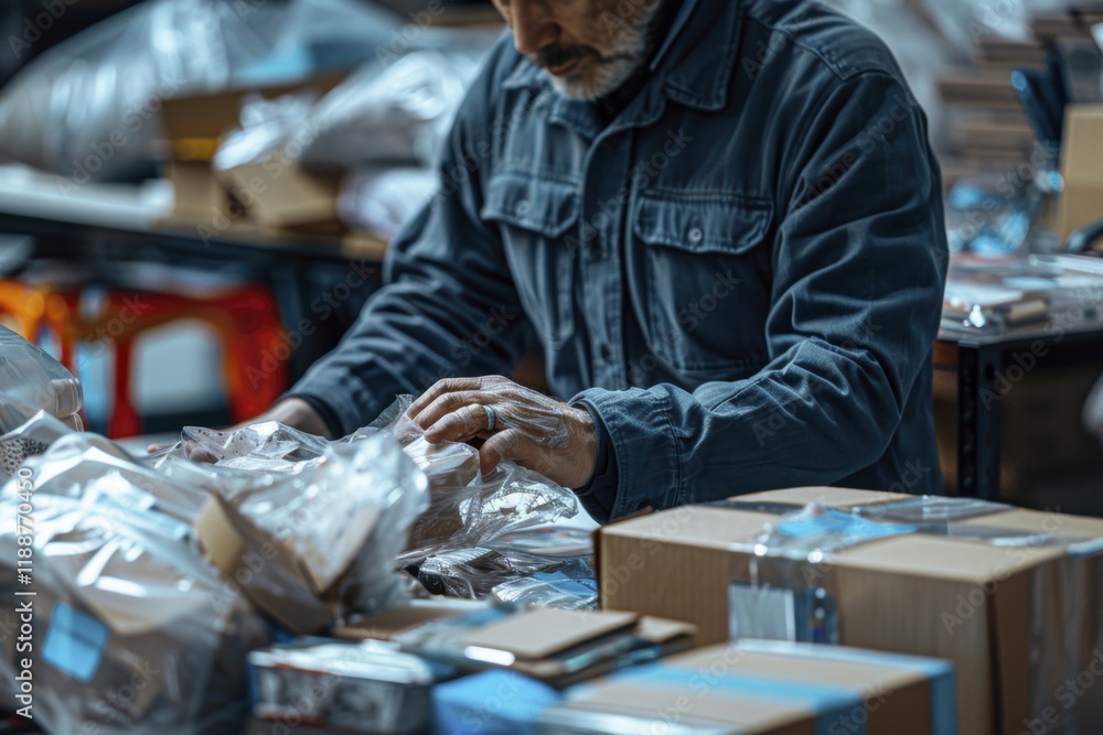 Warehouse worker handling packages in industrial setting Warehouse worker handling packages in industrial setting