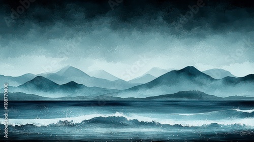 Moody seascape painting, dark blue mountains, misty ocean waves. photo