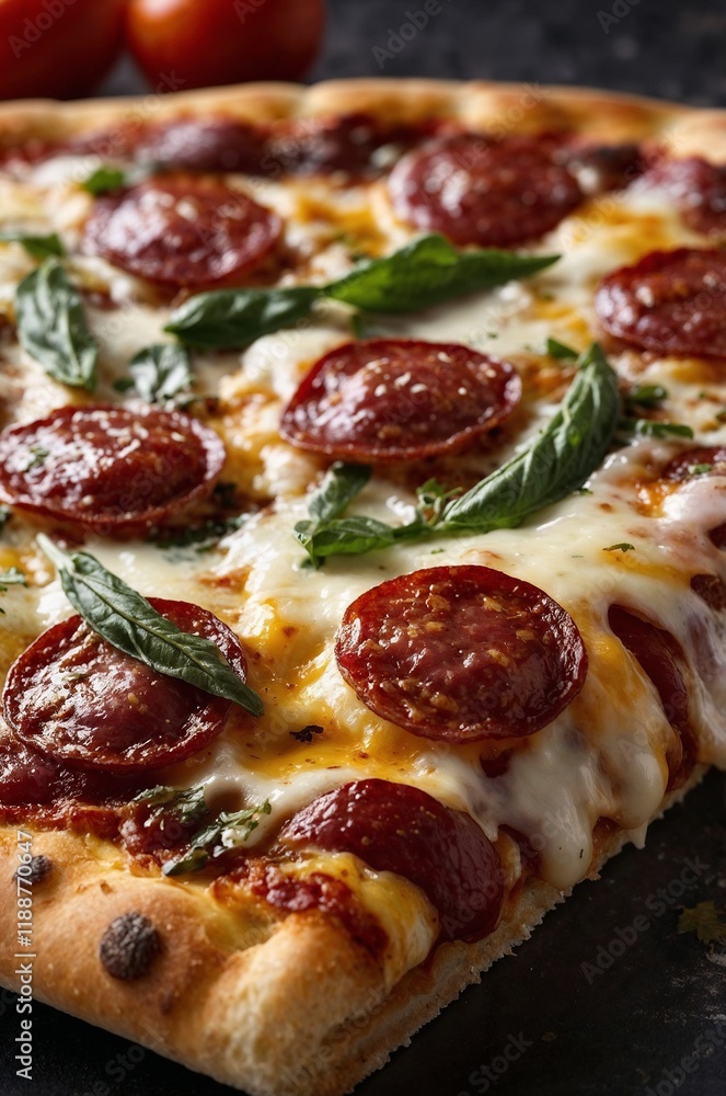 Close-Up of Delicious Salami Pizza with Melted Cheese – Perfect for Food Lovers Close-Up of Delicious Salami Pizza with Melted Cheese – Perfect for Food Lovers