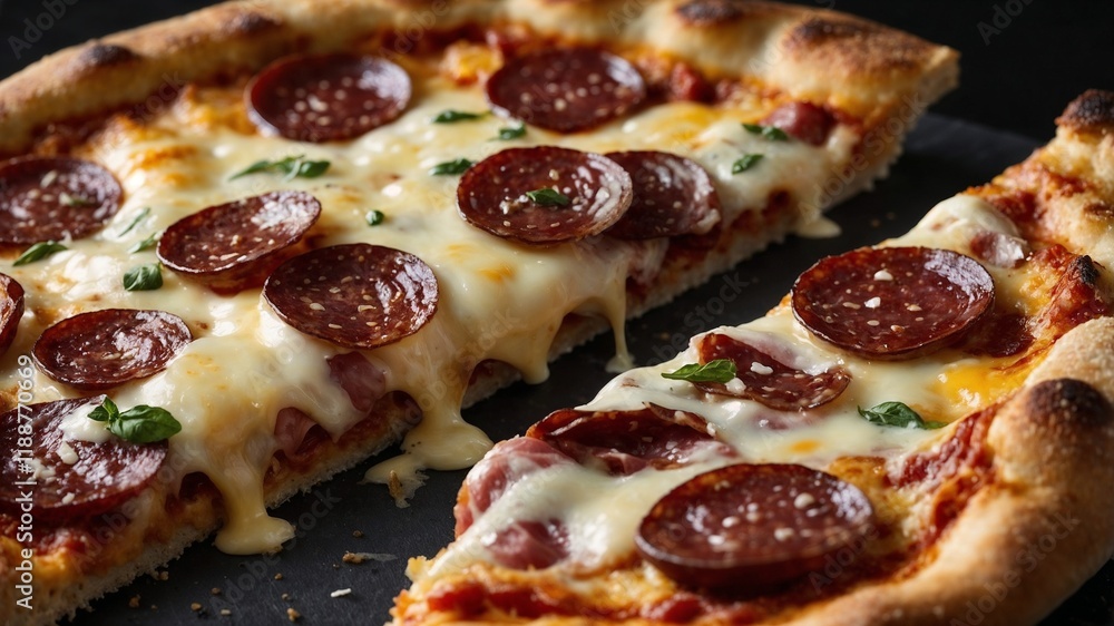 Close-Up of Delicious Salami Pizza with Melted Cheese – Perfect for Food Lovers Close-Up of Delicious Salami Pizza with Melted Cheese – Perfect for Food Lovers