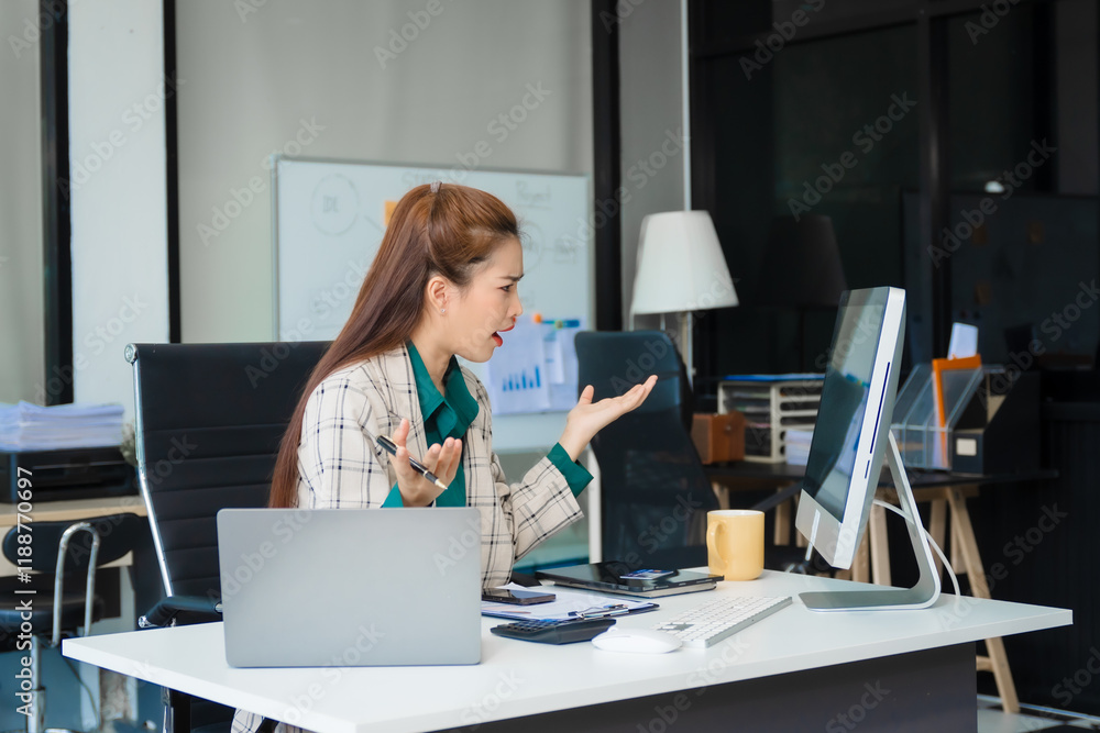 Obraz premium Attractive Asian businesswoman in formal business attire is working at her desk with a laptop and mobile phone, focusing on corporate law, contracts, compliance, and law firm marketing strategies.