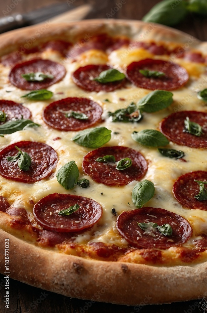 Close-Up of Delicious Salami Pizza with Melted Cheese – Perfect for Food Lovers Close-Up of Delicious Salami Pizza with Melted Cheese – Perfect for Food Lovers