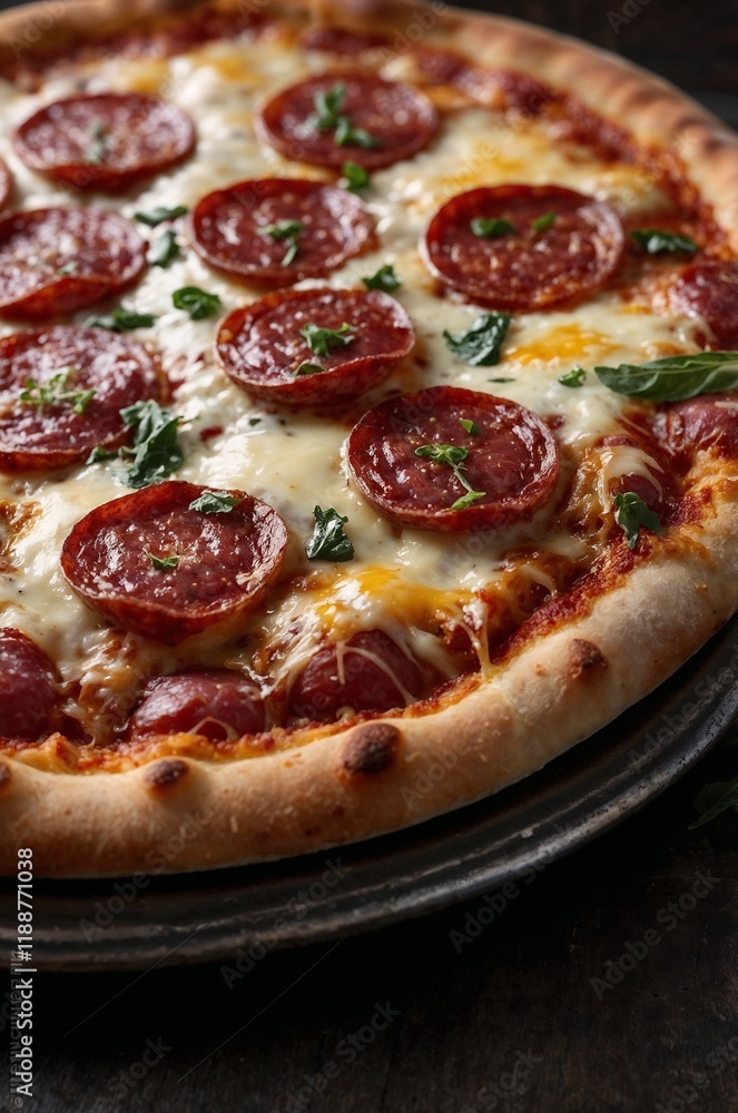 Close-Up of Delicious Salami Pizza with Melted Cheese – Perfect for Food Lovers Close-Up of Delicious Salami Pizza with Melted Cheese – Perfect for Food Lovers
