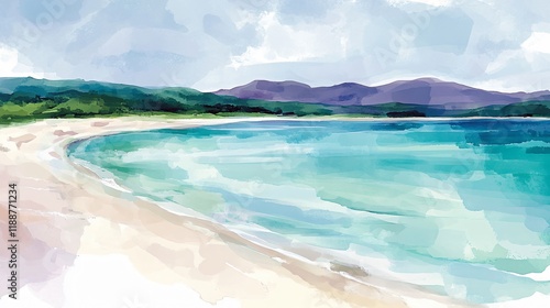 Serene Beach Watercolor Landscape Painting- Tranquil Ocean, Sandy Shore, and Lush Green Mountains