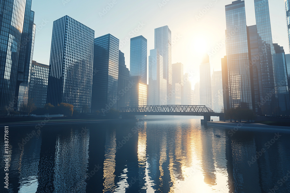Sunny city skyskrapers' reflection, a futuristic architectural Sunny city skyskrapers' reflection, a futuristic architectural