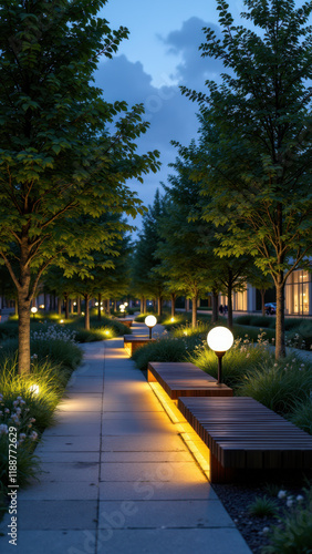 A well-lit path with benches under a night sky, showcasing sustainable green energy.