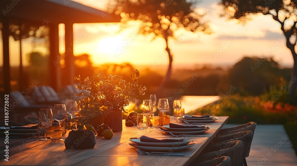 Fototapeta premium Elegant Outdoor Dining Table with Tranquil Sunset Ambiance