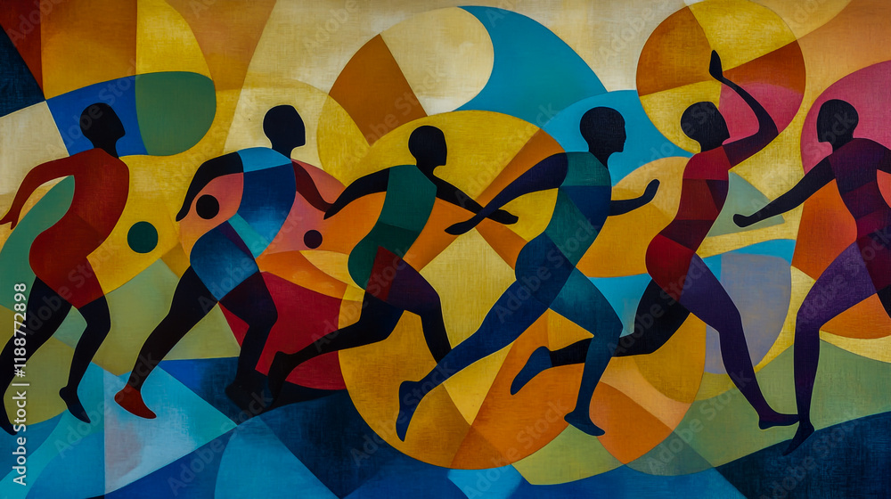 Joyful figures and dynamic shapes intertwine, capturing the essence of competition in sports. Joyful figures and dynamic shapes intertwine, capturing the essence of competition in sports.