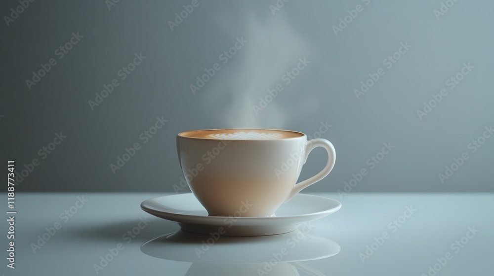 Steaming Cup of Aromatic Latte with Porcelain Saucer on Minimalist Background Steaming Cup of Aromatic Latte with Porcelain Saucer on Minimalist Background