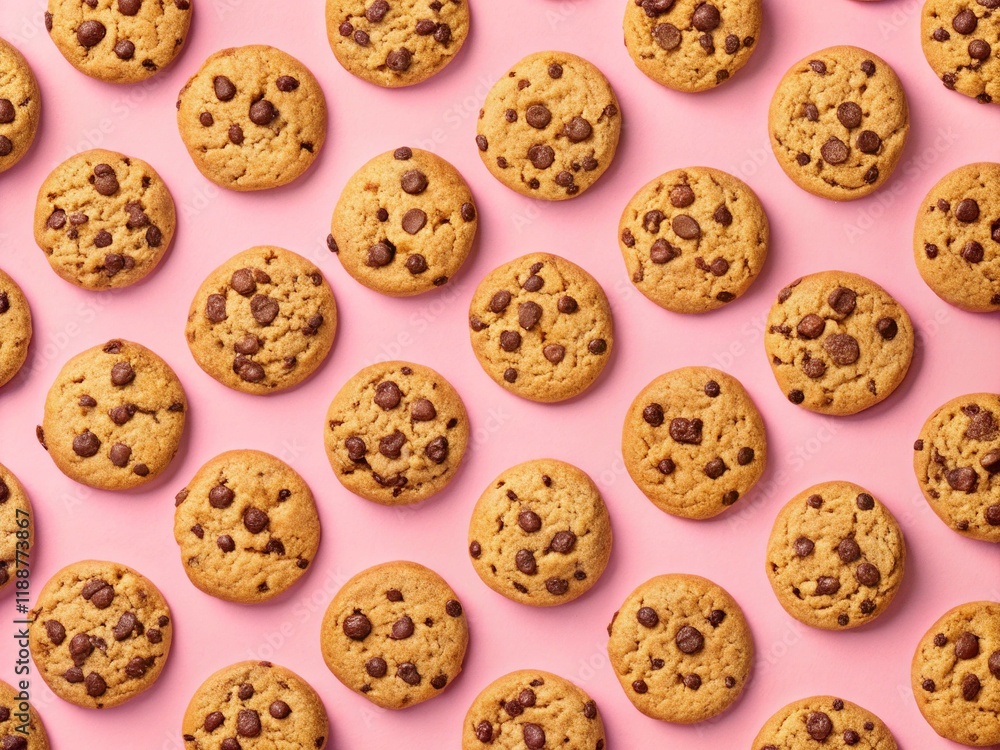 Pink Chocolate Chip Cookie Background Pattern - Sweet Bakery Texture Pink Chocolate Chip Cookie Background Pattern - Sweet Bakery Texture