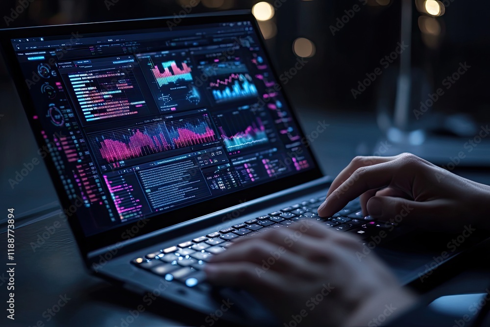 A person using a laptop with data analytics charts on the screen A person using a laptop with data analytics charts on the screen