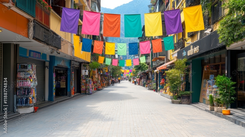 Naklejka premium Vibrant Street with Colorful Banners in a Scenic Mountain Town, Showcasing Local Shops and a Lively Atmosphere for Tourists and Visitors