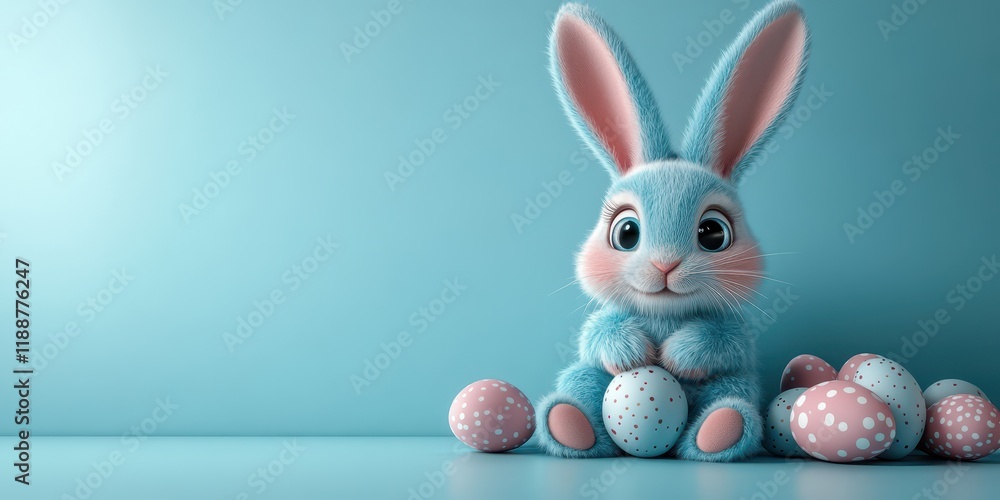 Fototapeta premium 3D Easter bunny character sitting on the floor with colorful eggs, copy space concept, cartoon style, 2/5 space for text, blue background, high resolution, happy mood, detailed 