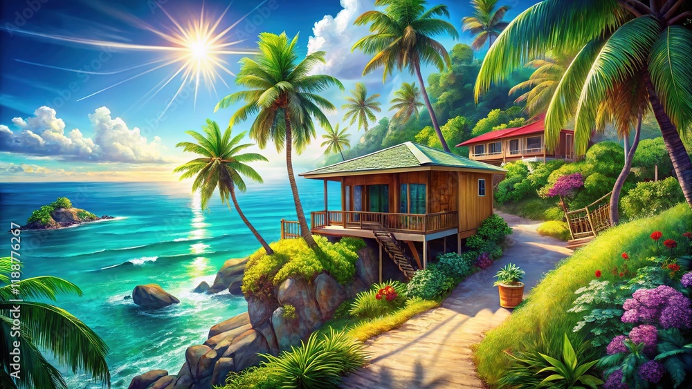 Fototapeta premium Seaside Bungalow Dream: Coastal Cottage, Oceanfront Home, Summer Vacation Paradise